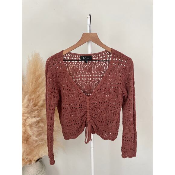 Lulus Only Yours Crochet Ruched Cinch Front Top Size Small Mauve Long Sleeve - Picture 3 of 8